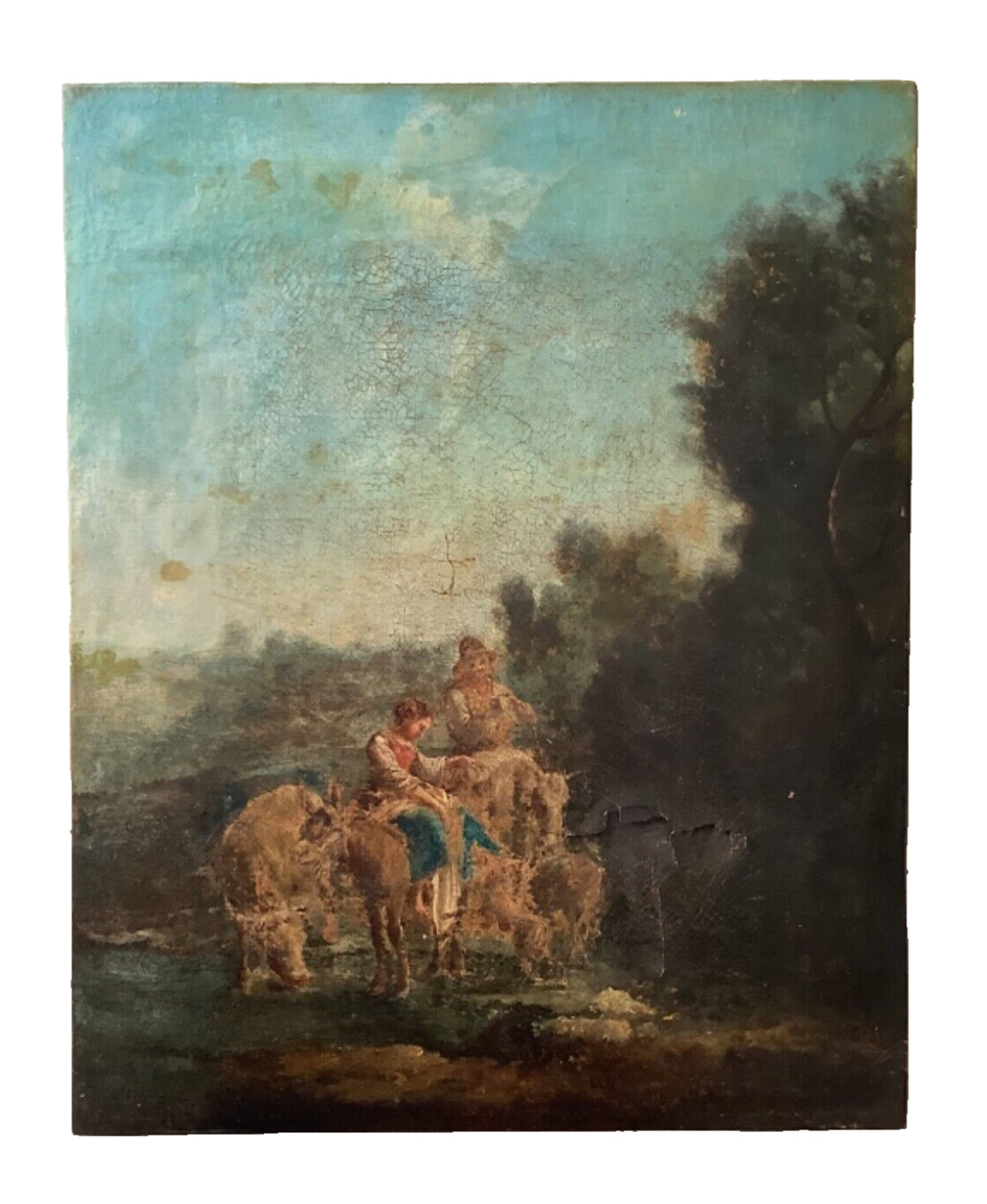 Antique Old Master Pastoral Scene Herdswomen Cattle Donkey Oil for Restoration