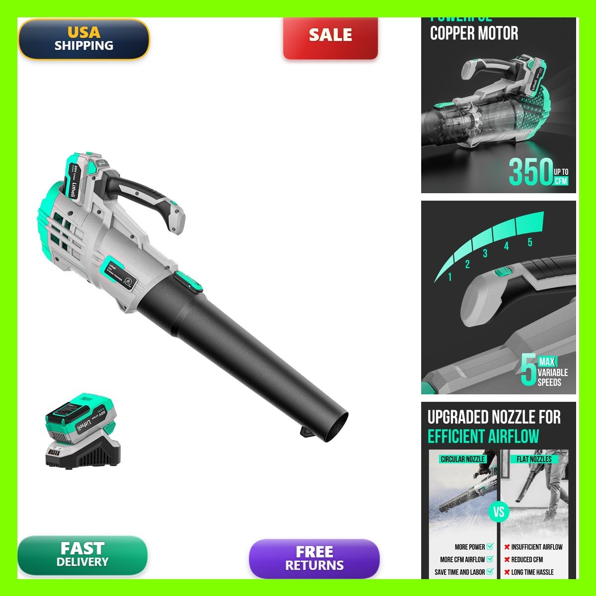 Litheli E1-BRBC 20V Cordless Leaf Blower 350 CFM 85 MPH 4.0Ah Battery Litheli E1-BRBC 20V Cordless Leaf Blower 350 CFM 85 MPH 4.0Ah Battery