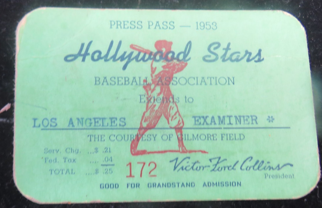 RARE 1953 PRESS PASS HOLLYWOOD STARS BASEBALL ASSOCIATION RARE 1953 PRESS PASS HOLLYWOOD STARS BASEBALL ASSOCIATION