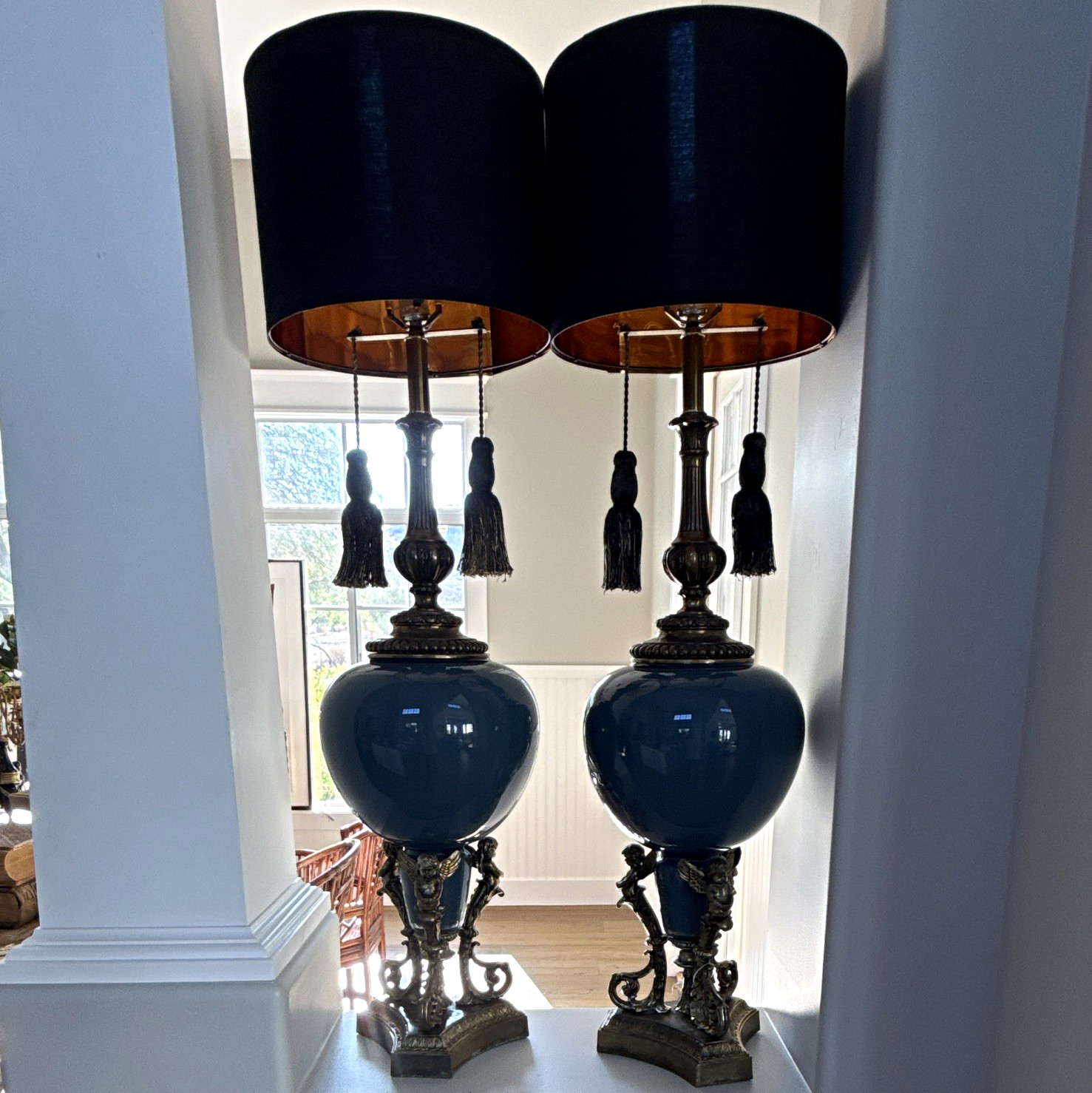 vintage Victorian Pair Blue Ceramic Table Lamps, Antique Bronze, Drum Shades vintage Victorian Pair Blue Ceramic Table Lamps, Antique Bronze, Drum Shades