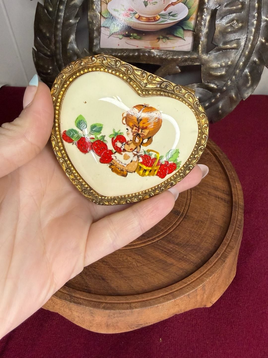 Vintage Ornate Gilt Brass Heart Trinket Box Strawberry Girl Graphic