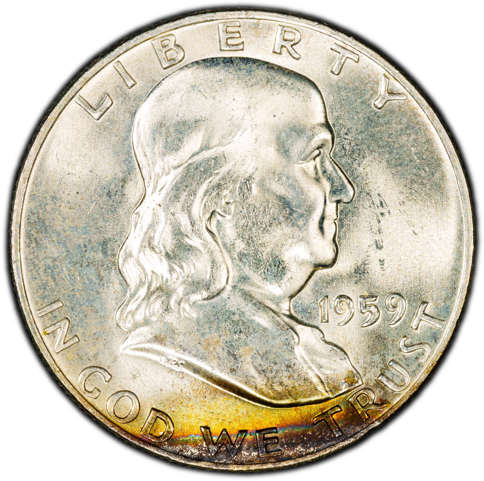 1959-D PCGS MS64+ (Plus) FBL Franklin Half | Vivid Rainbow Rim Toning | Luster