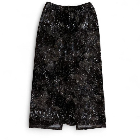 Plume and Thread Black Marble Print Midi Skirt Elastic Waist Back Slit Size 1