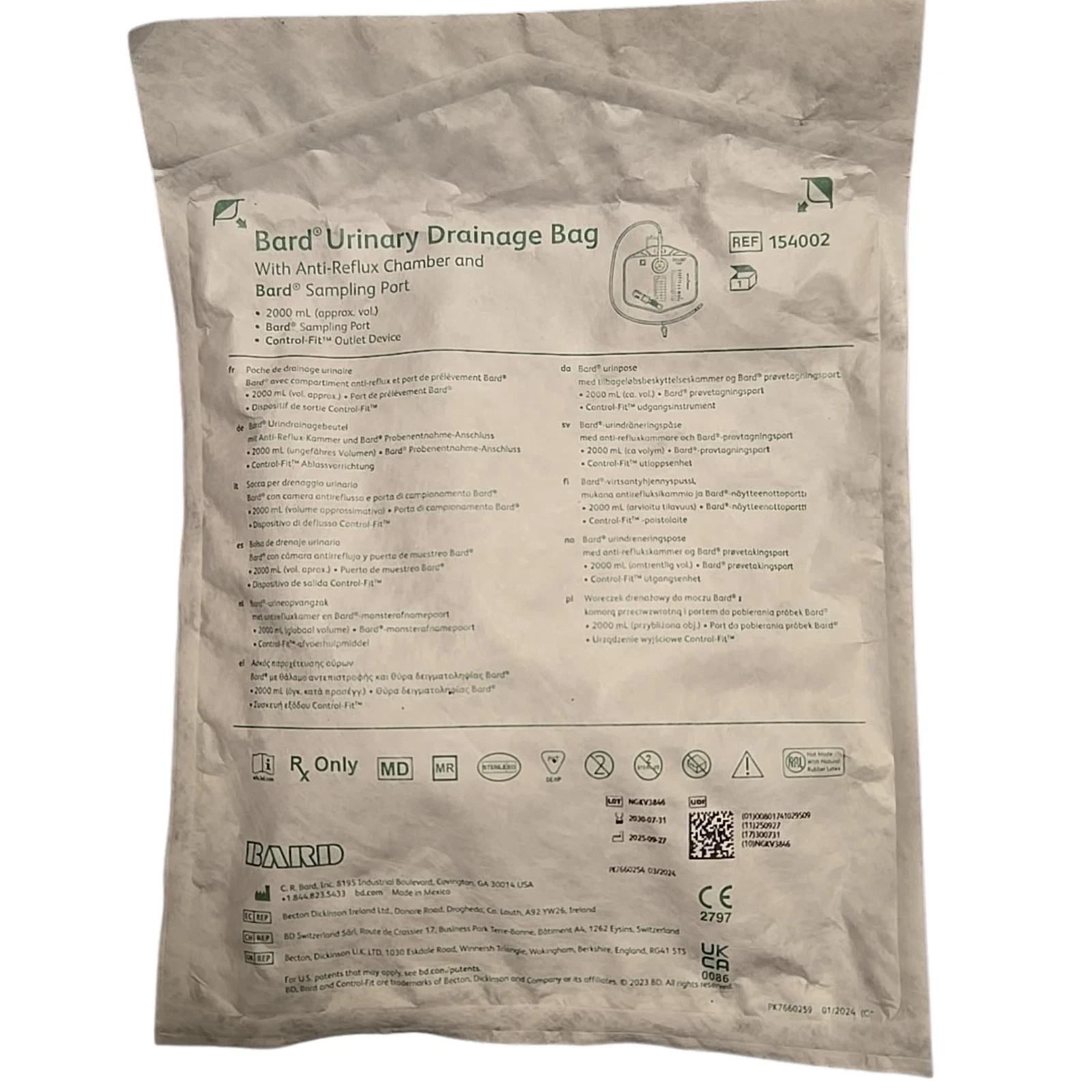 Urinary Drainage Bag w/ Anti-Reflux Chamber Large 2000ml Capacity 5Ct 154002 Urinary Drainage Bag w/ Anti-Reflux Chamber Large 2000ml Capacity 5Ct 154002