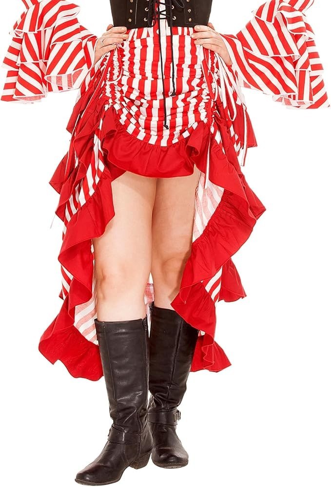 ThePirateDressing Women Steampunk High-Low Cotton Skirt - Red+White ThePirateDressing Women Steampunk High-Low Cotton Skirt - Red+White
