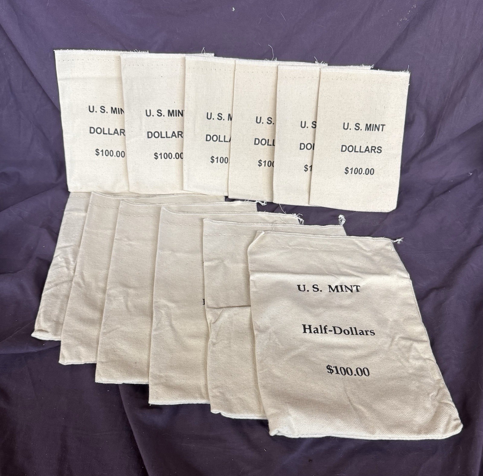 Lot of 12 US Mint Half Dollars $100 & Dollar $100 Canvas Mint BAGS Empty Lot of 12 US Mint Half Dollars $100 & Dollar $100 Canvas Mint BAGS Empty
