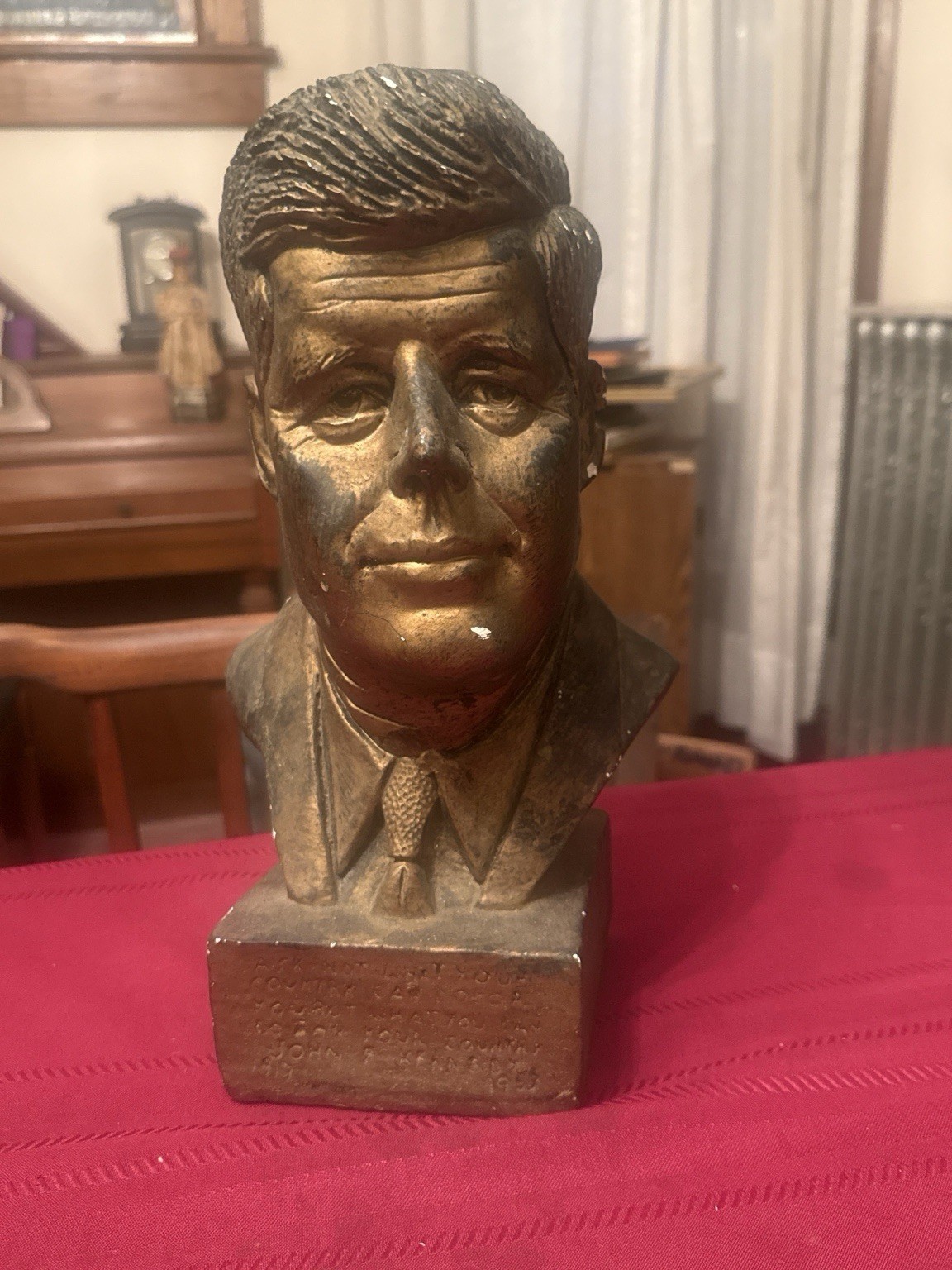 Vintage 1960s JFK John F Kennedy Memorial Bust 12”  with “Ask Not” Base Carving