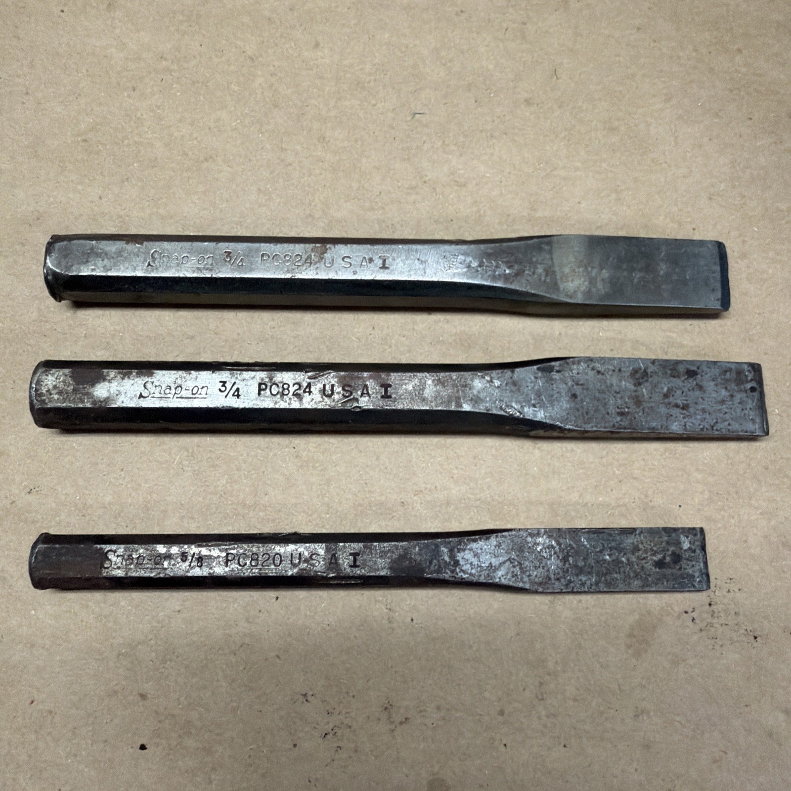 Vtg Snap-On Tools Lot of 3 Flat Blade Chisels (2) PC824 3/4” and PC820 5/8”