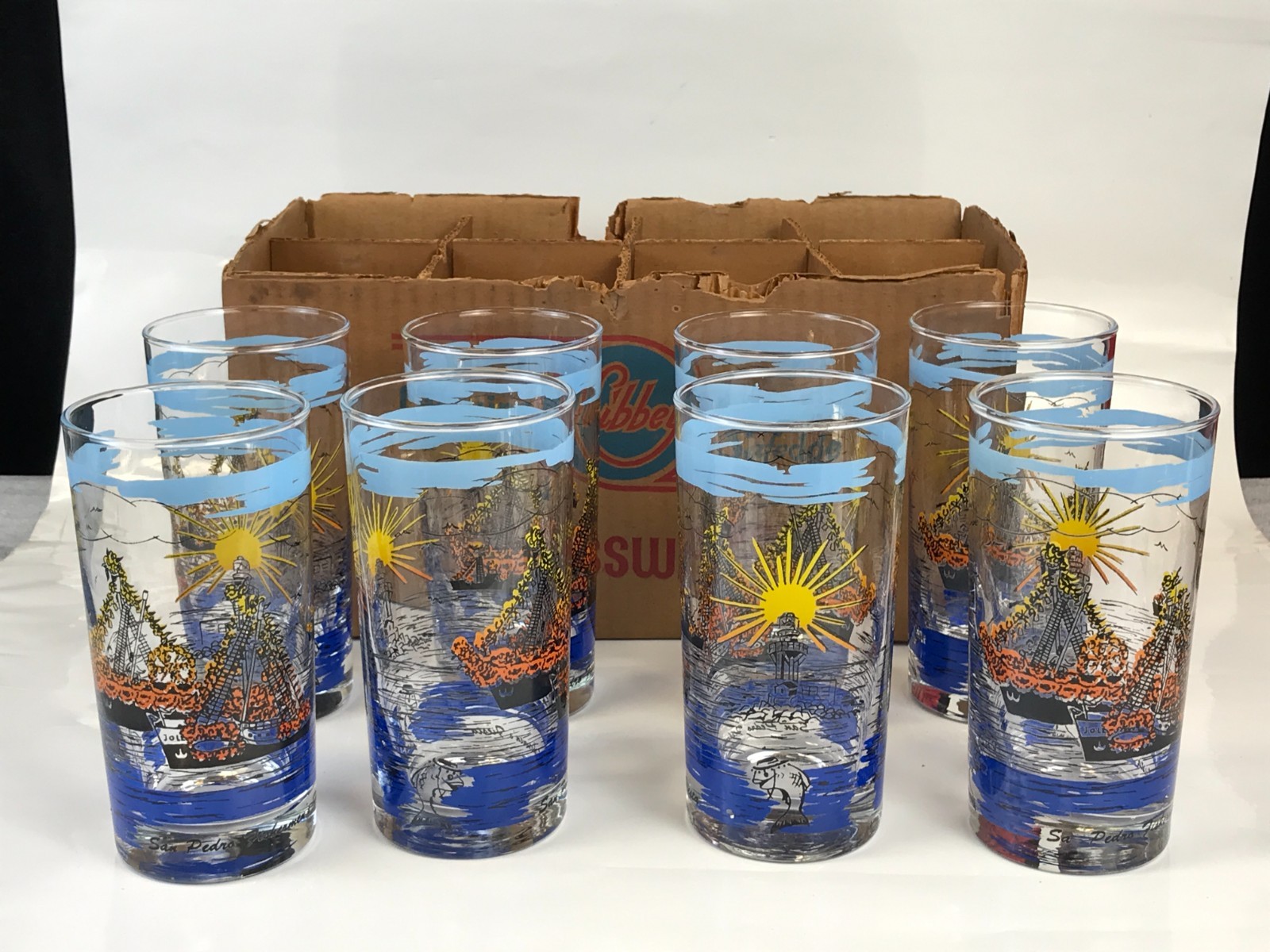 8pc Vintage Libbey SAN PEDRO FISHERMEN\'S FIESTA Tumbler Glasses Unused W/ Box 8pc Vintage Libbey SAN PEDRO FISHERMEN\'S FIESTA Tumbler Glasses Unused W/ Box