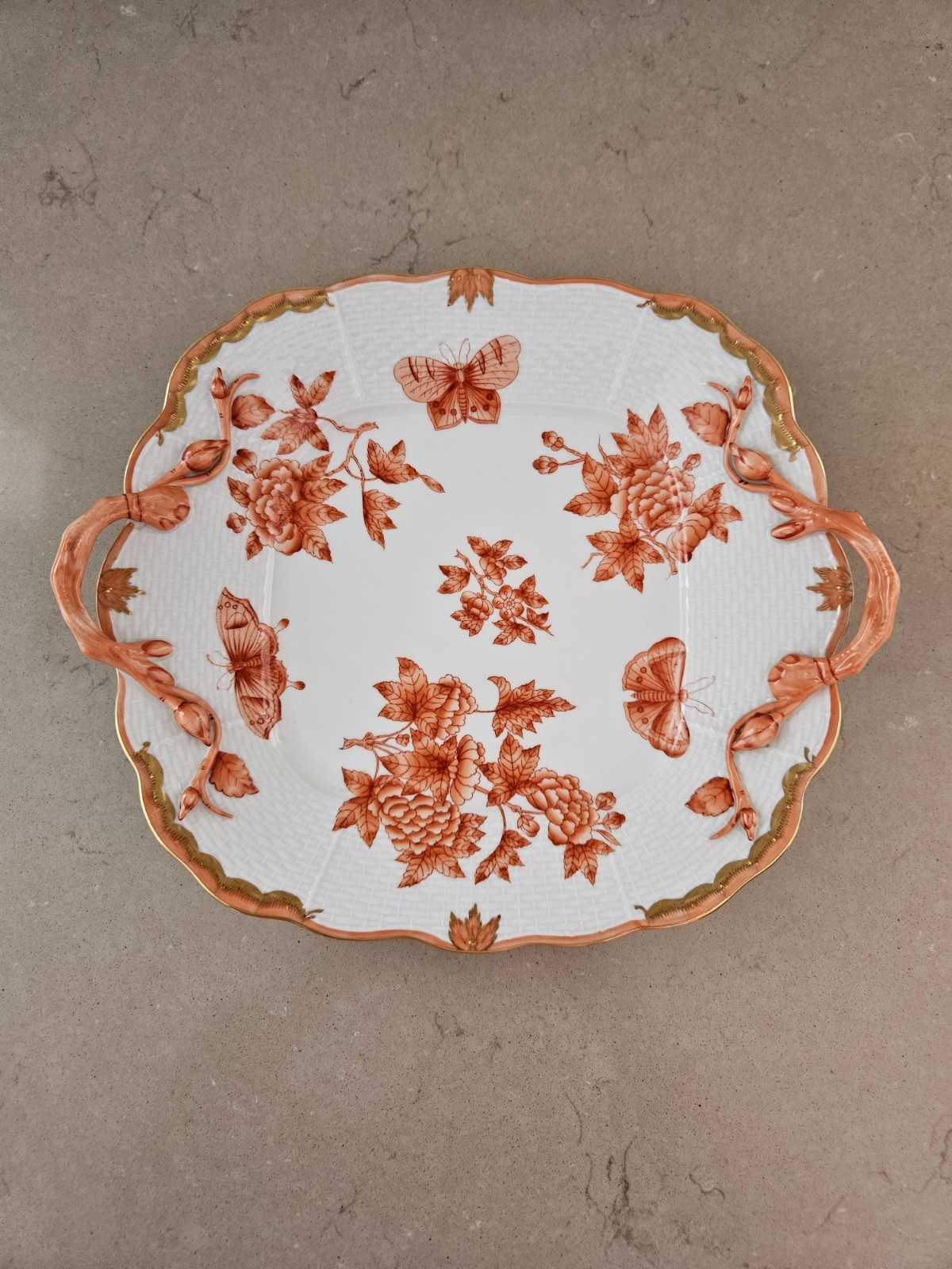 RARE VINTAGE APPONYI ORANGE HEREND SQUARE SERVING PLATE TRAY HANDLES HUNGARY RARE VINTAGE APPONYI ORANGE HEREND SQUARE SERVING PLATE TRAY HANDLES HUNGARY