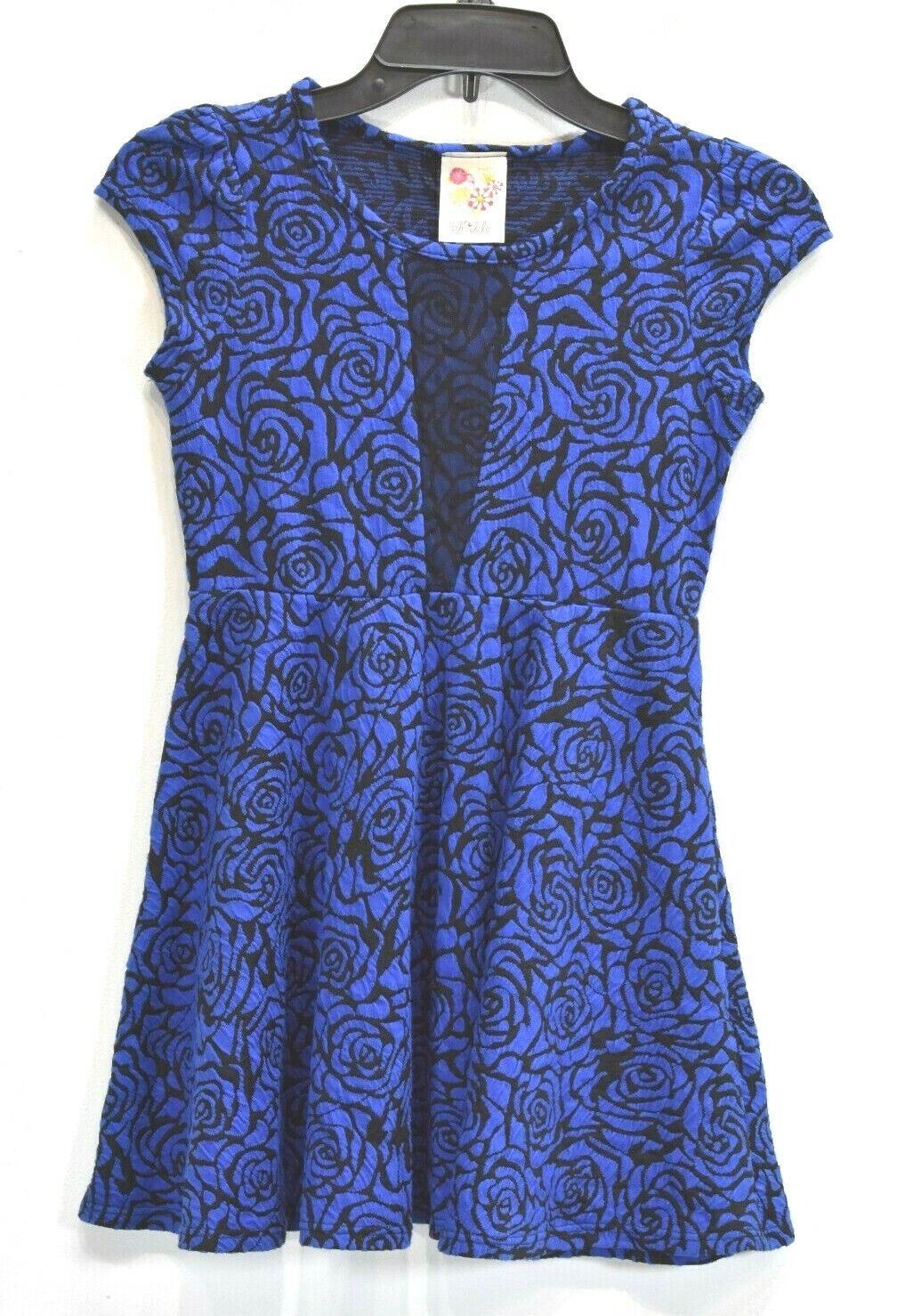 kiddo by Katie Girls Blue Rose Print Cap Sleeve Crew Neck Stretch A Line Dress M