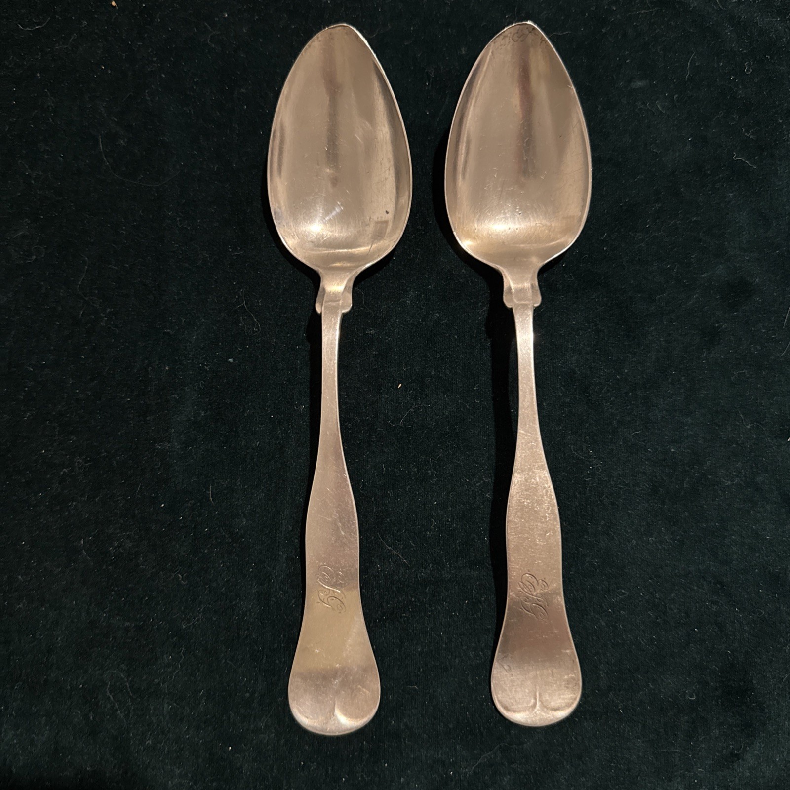 Pair Antique Whiting Coin Silver Tablespoons TRJ Ayers & Sons Keokuk Iowa 8”