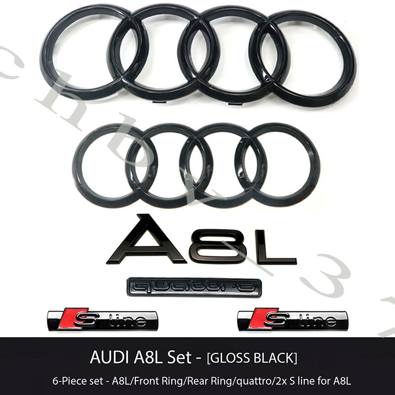 AUDI A8L Emblem BLACK Grille Trunk Ring Rear Lid Sign Logo Quattro S Line Set