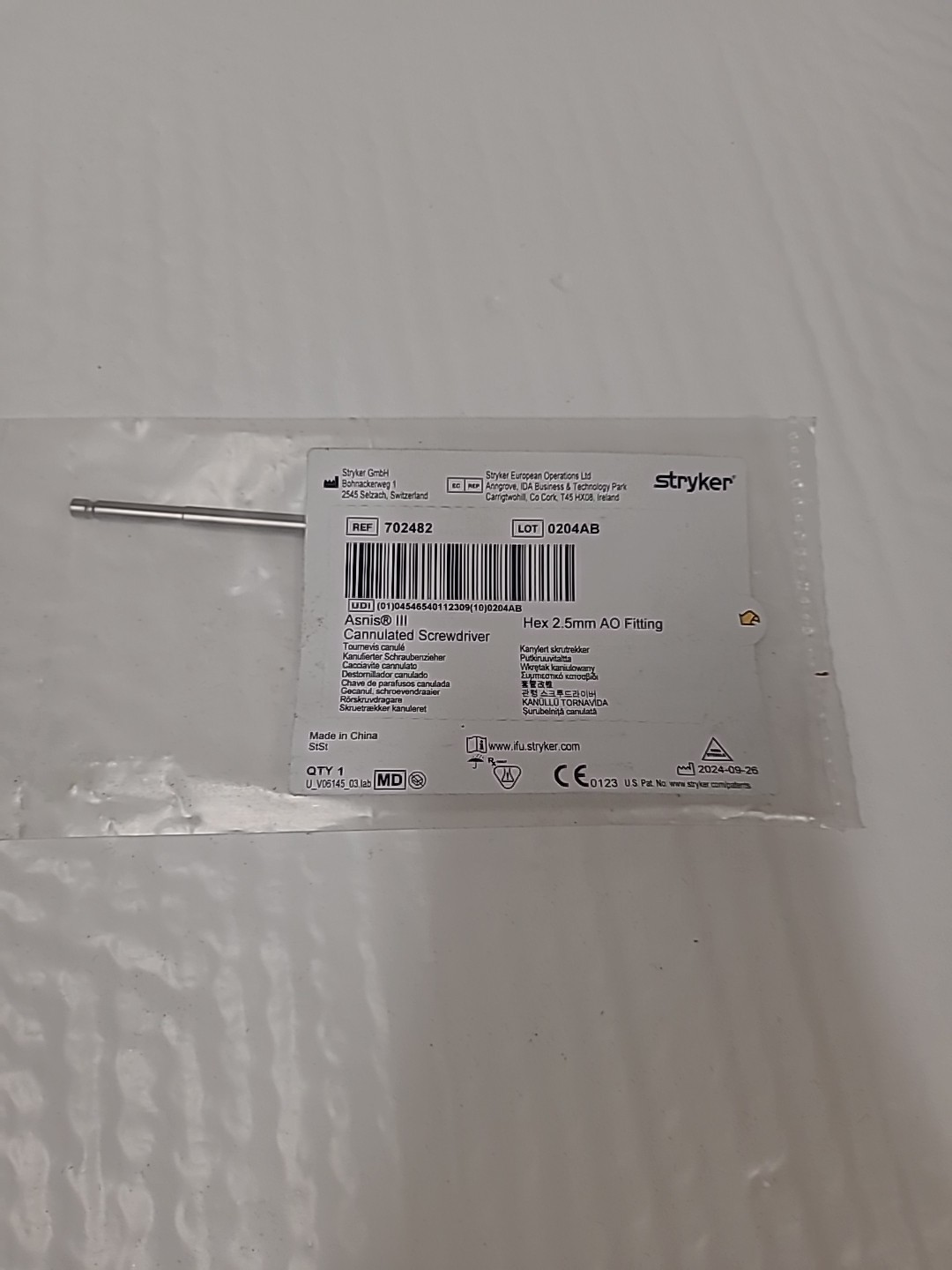 Stryker 702482 ASNIS III Quick Connect 2.5mm Hex Cannulated Screwdriver Shaft Stryker 702482 ASNIS III Quick Connect 2.5mm Hex Cannulated Screwdriver Shaft
