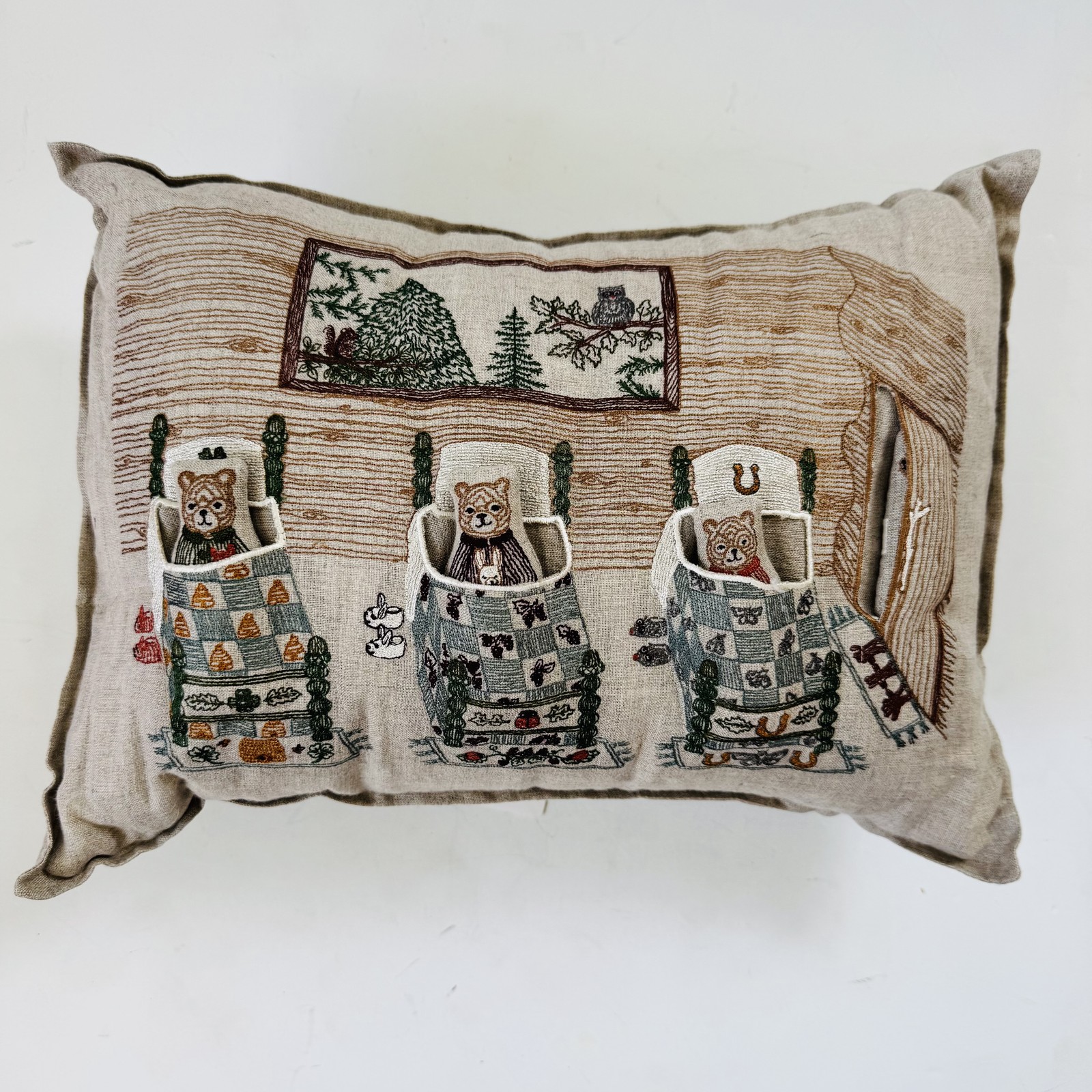 Coral & Tusk Three Little Bears Pocket Pillow Embroidered Linen 12x16