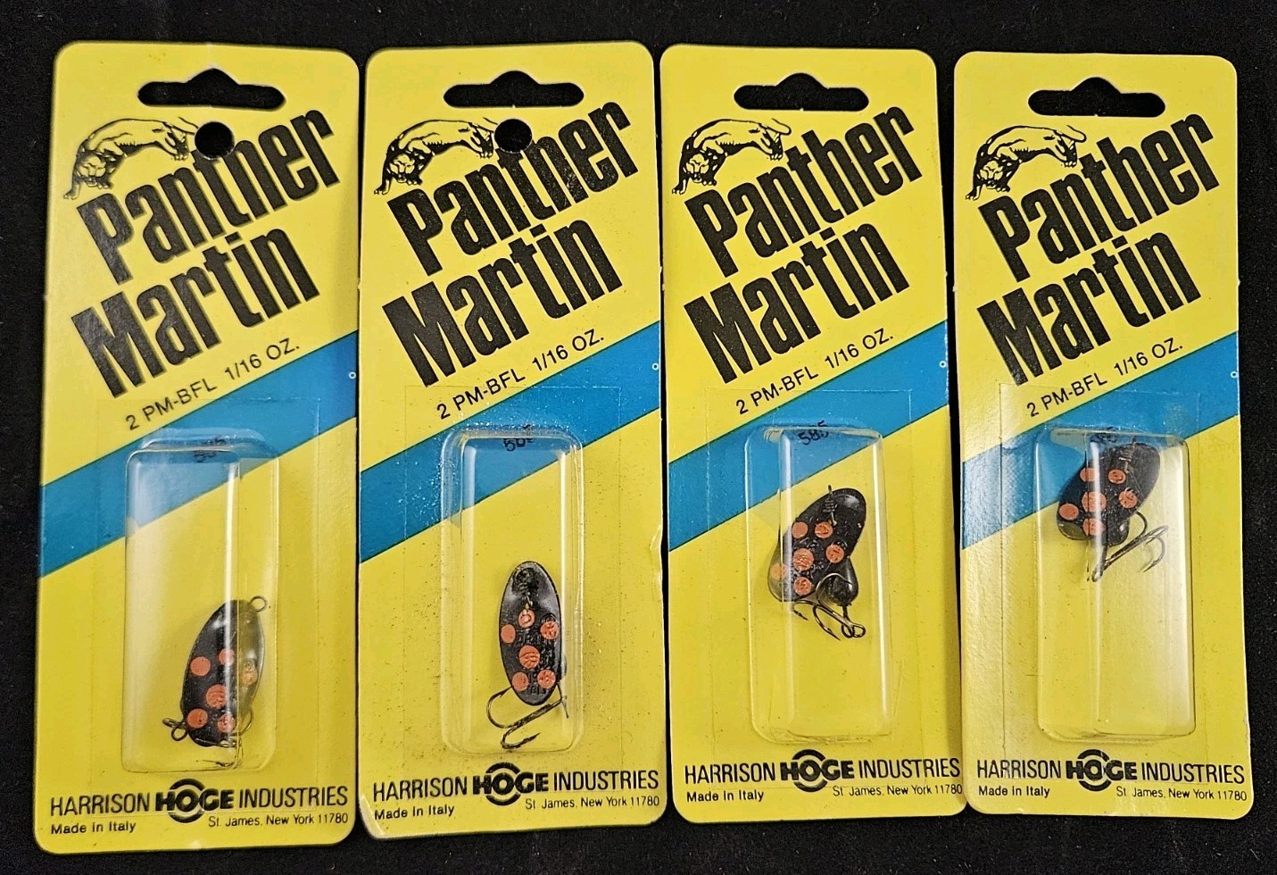 4 Panther Martin 1/16 oz Inline Spinners. PM-BFM. Black Orange Spot 4 Panther Martin 1/16 oz Inline Spinners. PM-BFM. Black Orange Spot