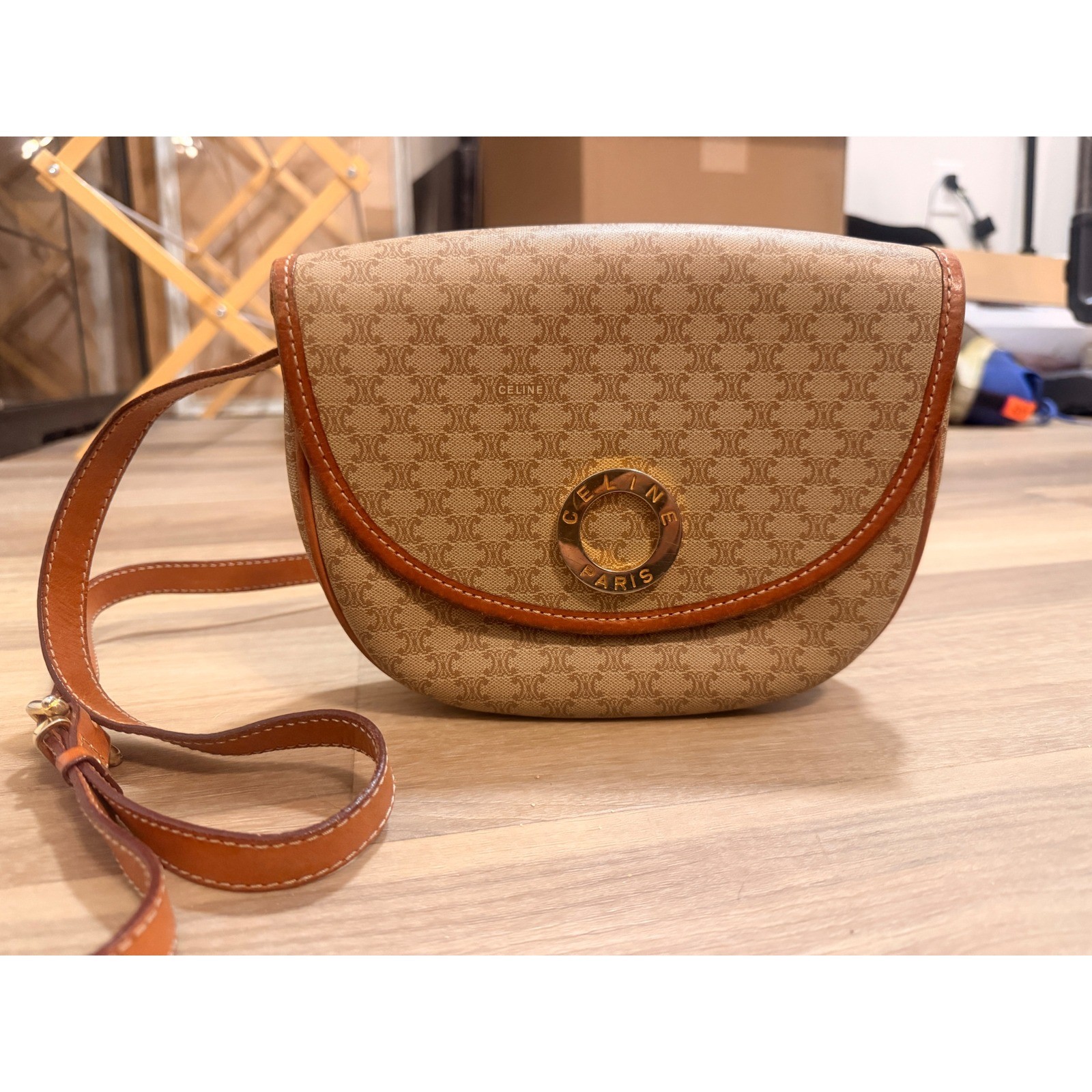 Celine Vintage Macadam Triomphe Crossbody Bag Tan Brown Coated Canvas M90 Celine Vintage Macadam Triomphe Crossbody Bag Tan Brown Coated Canvas M90