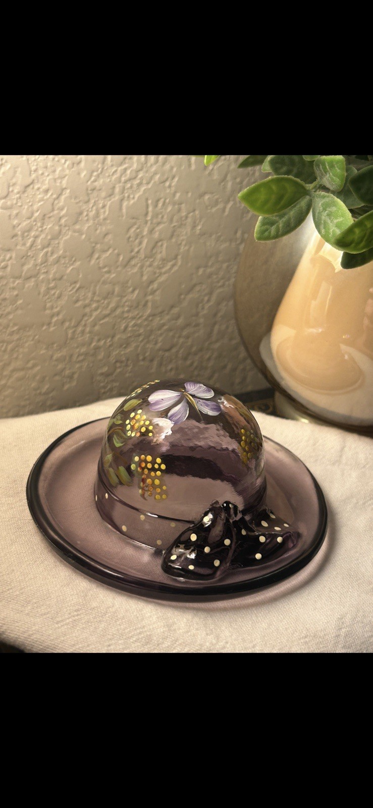 RARE Fenton #1 of 2500 Amethyst Glass Wildflower Hat Hand Painted
