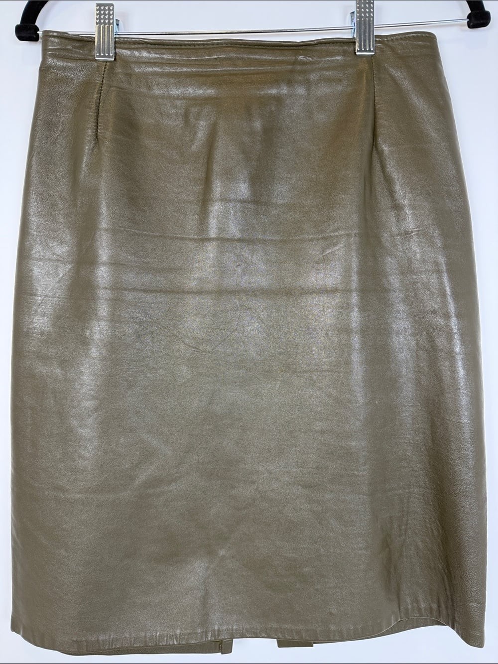 ✨80s 90s Vintage Firenze Santa Barbara Olive Green Genuine Leather Skirt Size 8