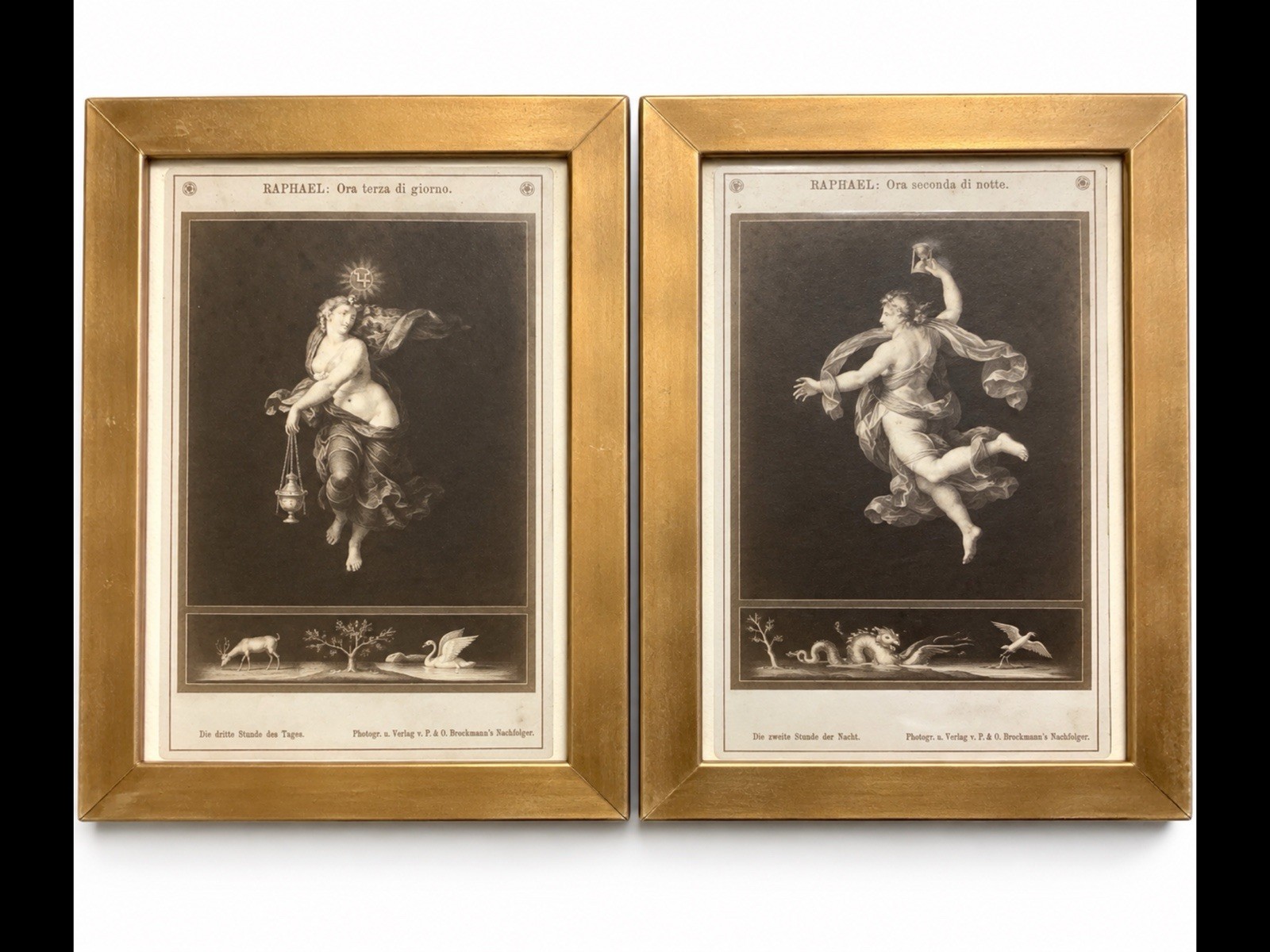 Antique Raphael Hours Day & Night Print Pair German Brockmann Framed 6x8