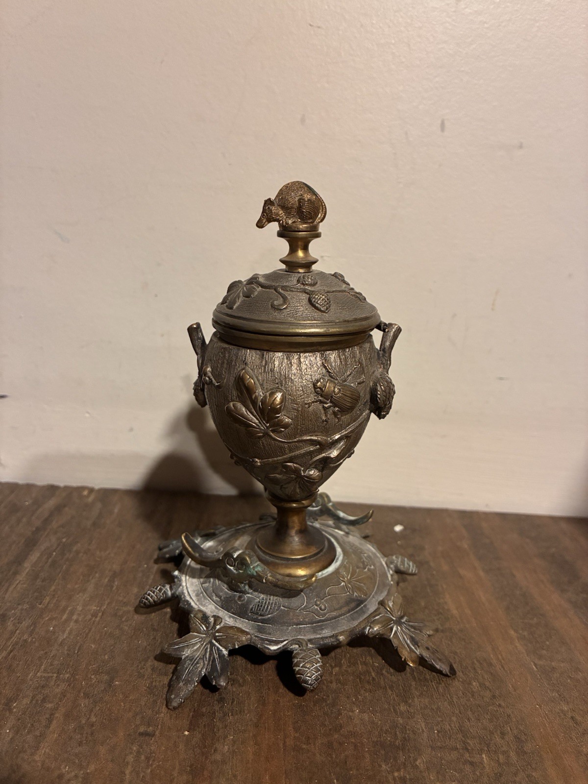 Antique Ornate French Lidded Vessel Inkwell with Rat Finial Antique Ornate French Lidded Vessel Inkwell with Rat Finial