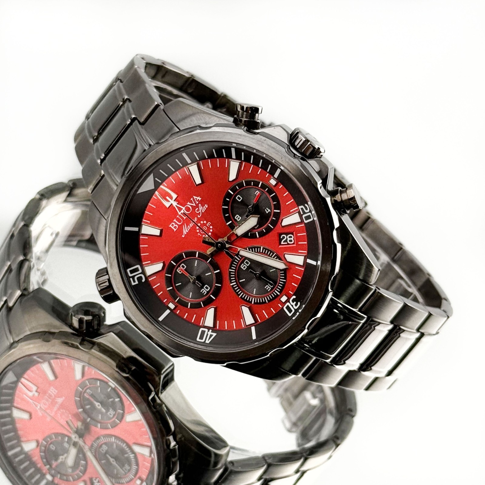 Bulova Marine Star 98B350 Men\'s Quartz Chronograph Red Dial Gray Steel Watch