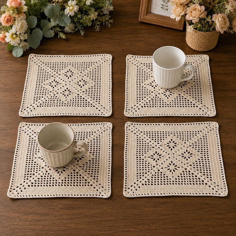 4Pc/Lot 10in Vintage Hand Crochet Doilies Square Cotton Lace Placemats Table Mat