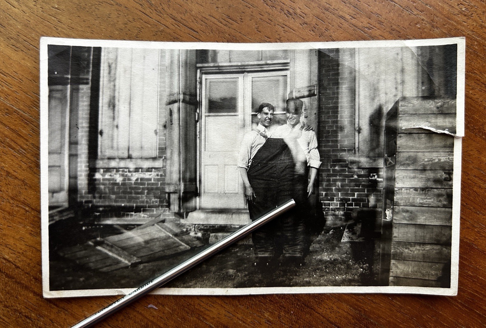 Antique 1910s Two Men in One Pair of Huge Overalls Oddballs Boone Iowa Photo