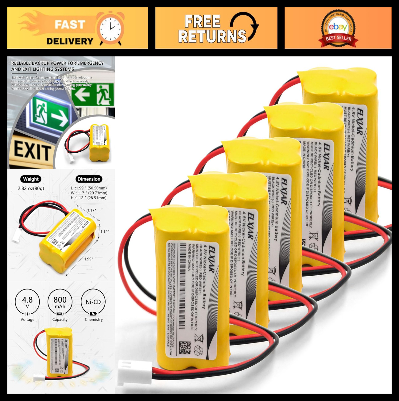 5-Pack 4.8V 800mAh Ni-CD Battery Replacement for Emergency Exit Lights & More 5-Pack 4.8V 800mAh Ni-CD Battery Replacement for Emergency Exit Lights & More