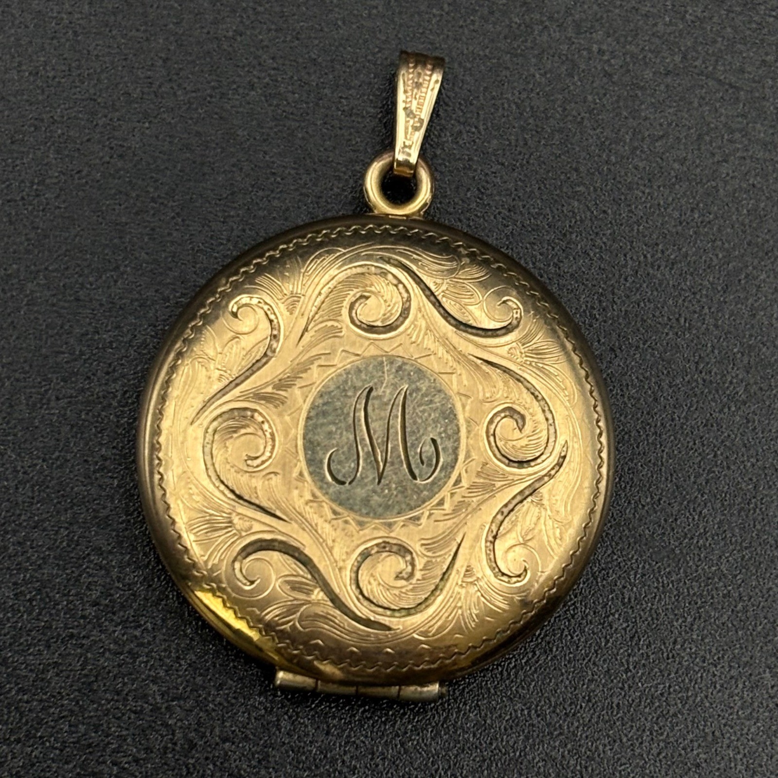 Vintage Gold Filled Locket Gold Etched Monogram M Round Pendant 1 Inch Vintage Gold Filled Locket Gold Etched Monogram M Round Pendant 1 Inch