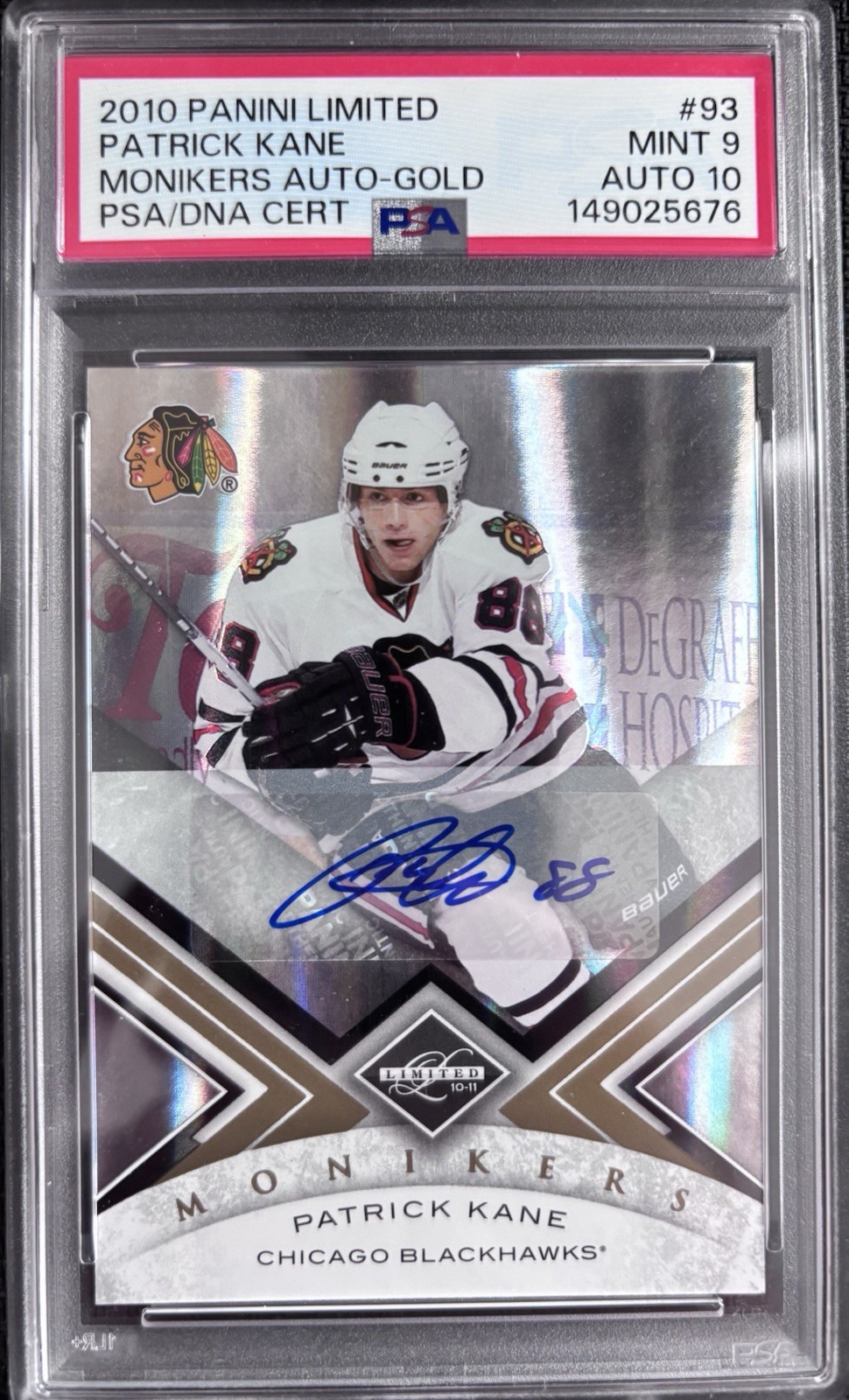 Panini 2010 Limited Patrick Kane Monikers Gold Auto #93 PSA 9 Auto 10 CHI 22/25 Panini 2010 Limited Patrick Kane Monikers Gold Auto #93 PSA 9 Auto 10 CHI 22/25