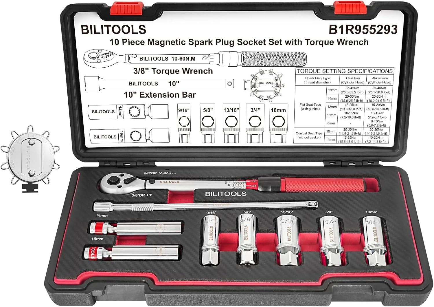 10 PCS Magnetic Spark Plug Socket Set with Click Torque W... Fast Ship