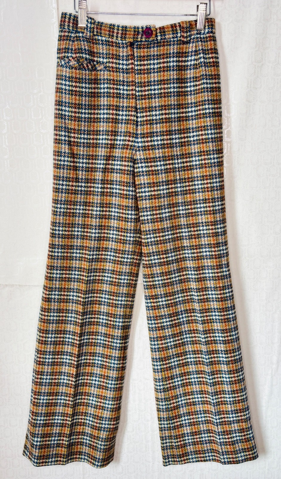 VTG 60s MOD GORDON GOLD BROWN WOOL HERRINGBONE TWEED PLAID BELL BOTTOM PANT*XS/S