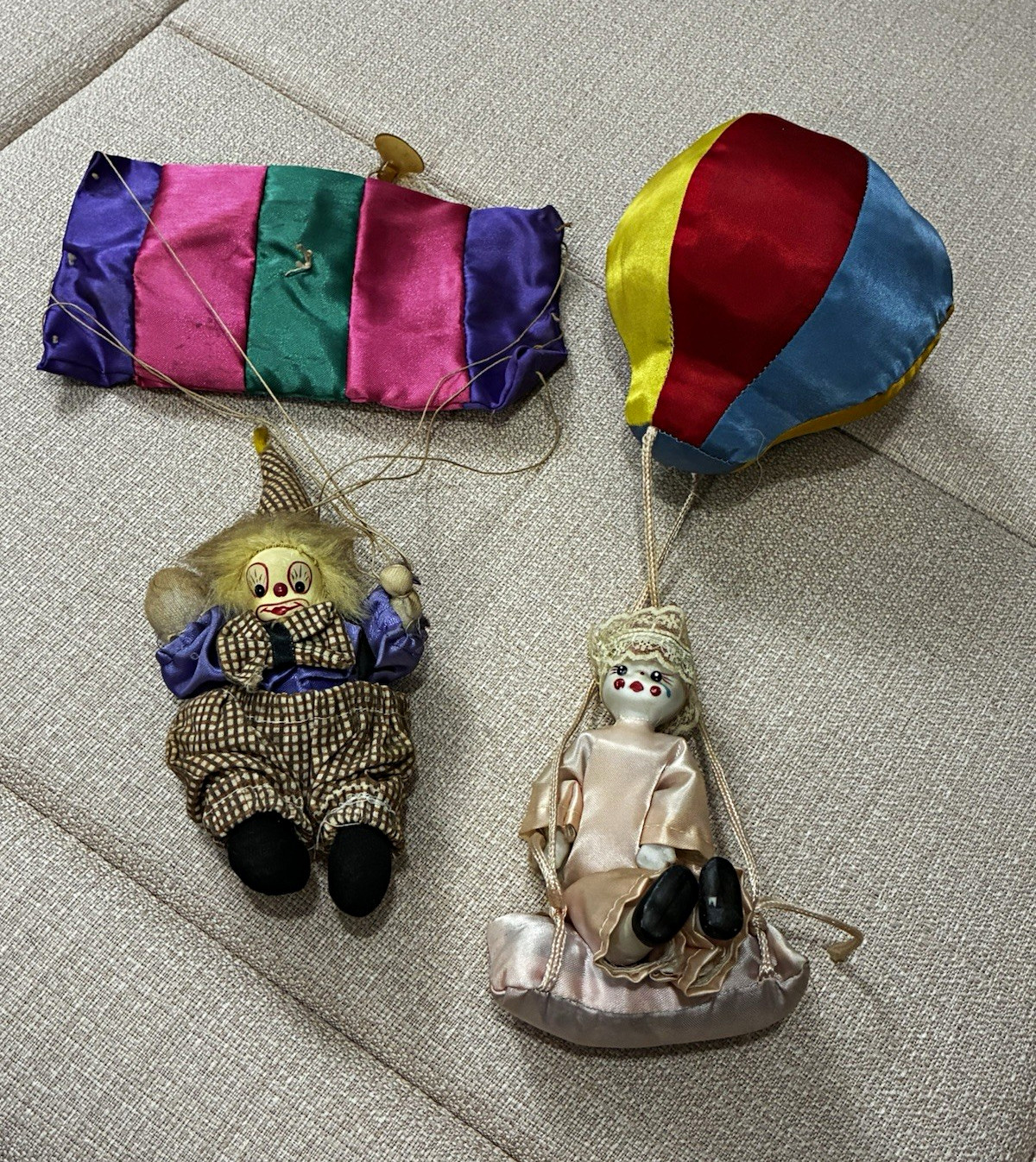 VTG 1980s Hanging Clown Decor Lot — Porcelain Pierrot & Plaid Parachute Clown