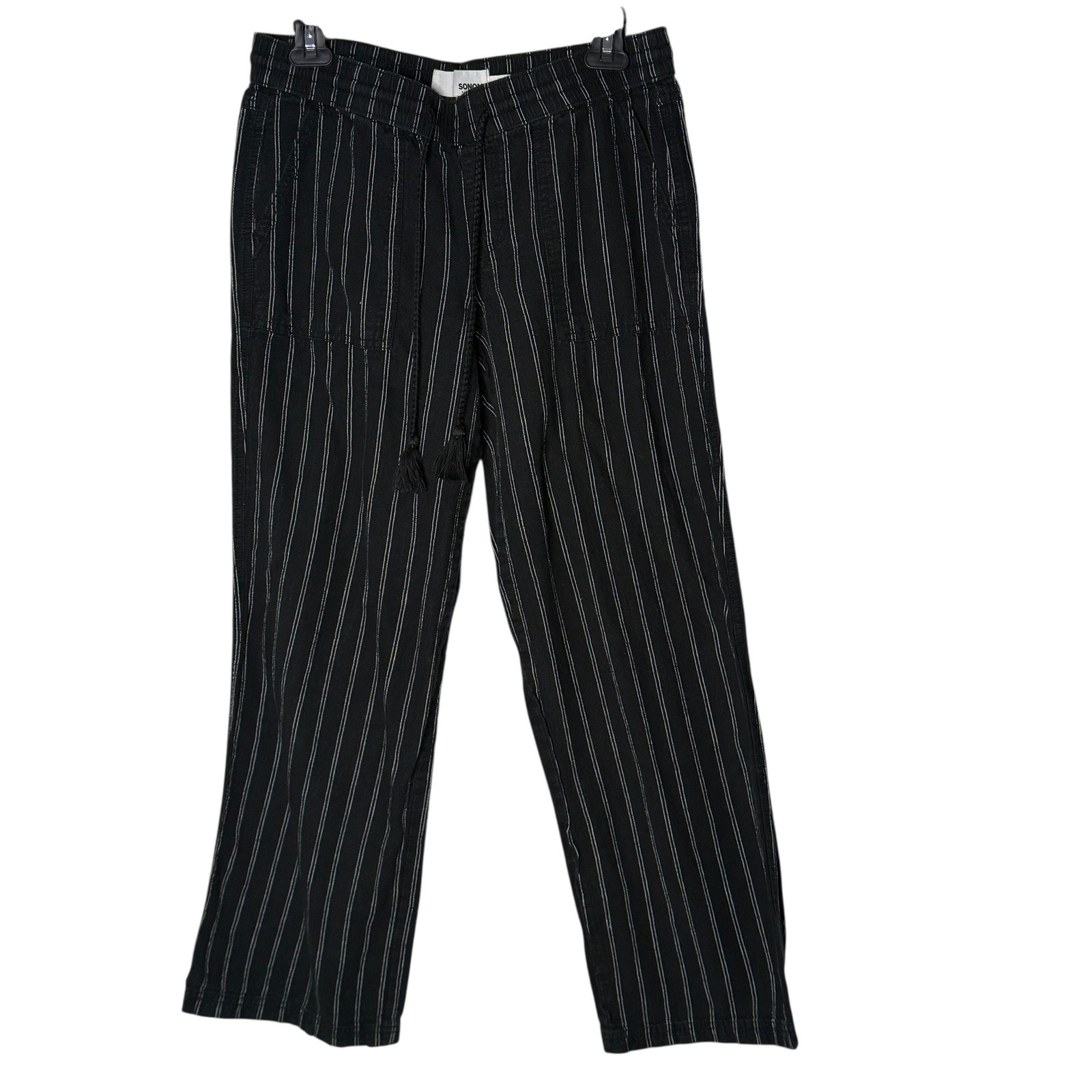 Sonoma Pinstripe Linen Blend Pants M Black Tassel Faded Vintage Wash Casual