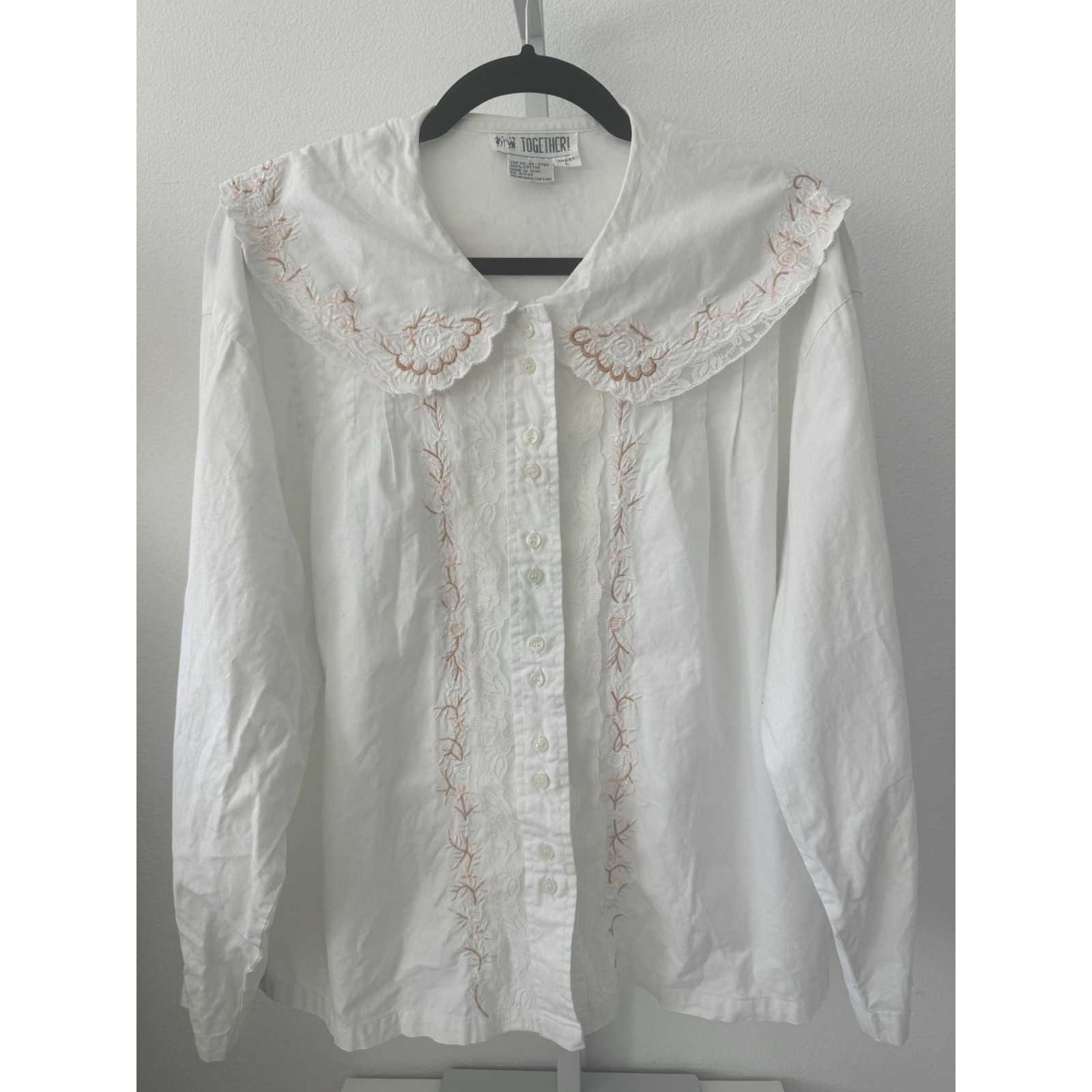 Together Vintage White Cotton Embroidered Lace Peter Pan Collar Blouse L Together Vintage White Cotton Embroidered Lace Peter Pan Collar Blouse L