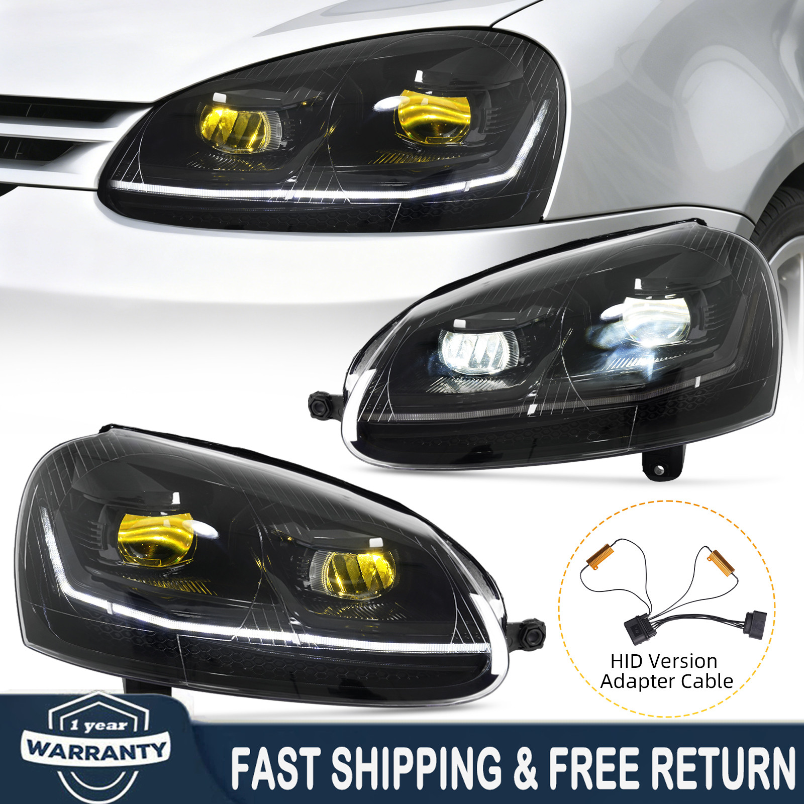Pair LED Headlight For 2006-2009 VW Rabbit Golf MK5 /2006-10 Jetta Halogen & HID