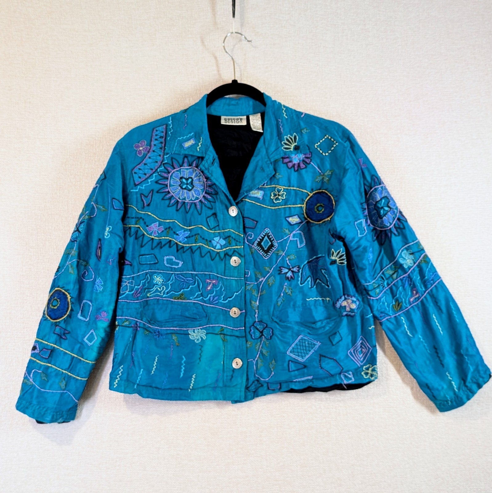 VTG 90s Chicos Design Embroidered Silk Jacket Teal Blue Celestial Sun Boho Sz 1