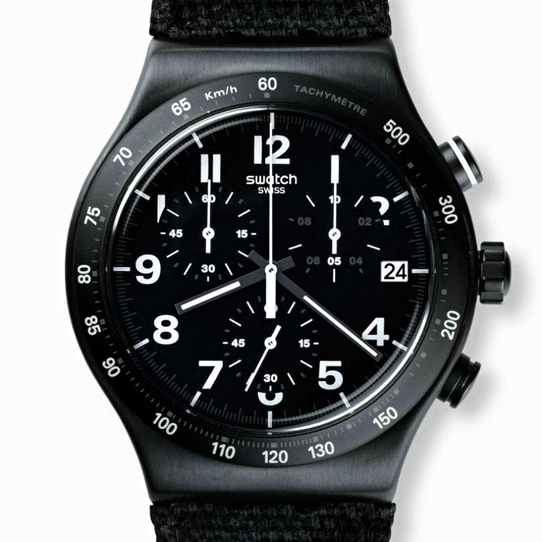 Swatch YVB402 Irony Quartz Chronograph Tachymeter Date 43mm Black Dial Swatch YVB402 Irony Quartz Chronograph Tachymeter Date 43mm Black Dial
