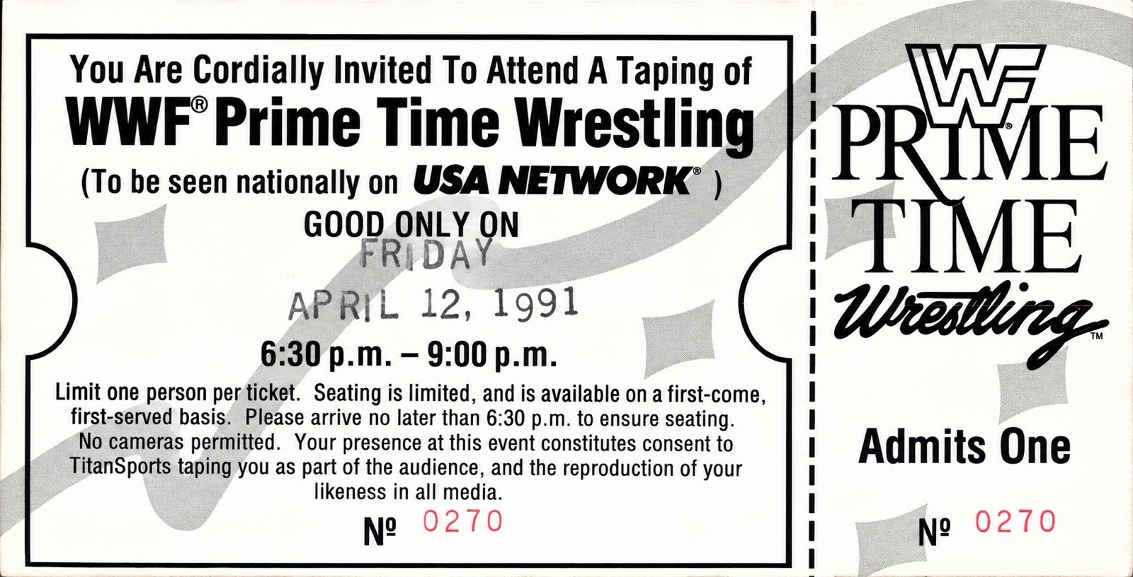 Original WWF Prime Time Wrestling 91’ TitanSports UNTORN Studio Show FULL TICKET Original WWF Prime Time Wrestling 91’ TitanSports UNTORN Studio Show FULL TICKET