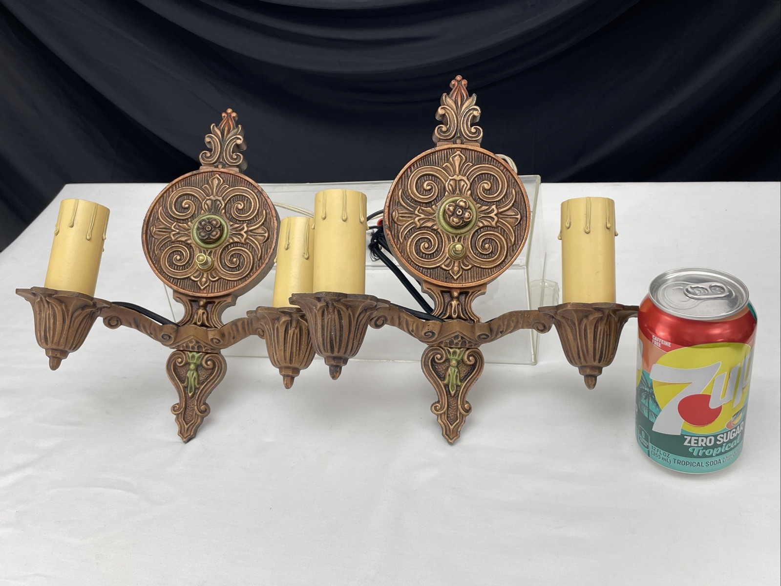 REWIRED Pair Antique Vtg Polychrome Wall Sconces Arts Crafts Deco 1910 1920 1930