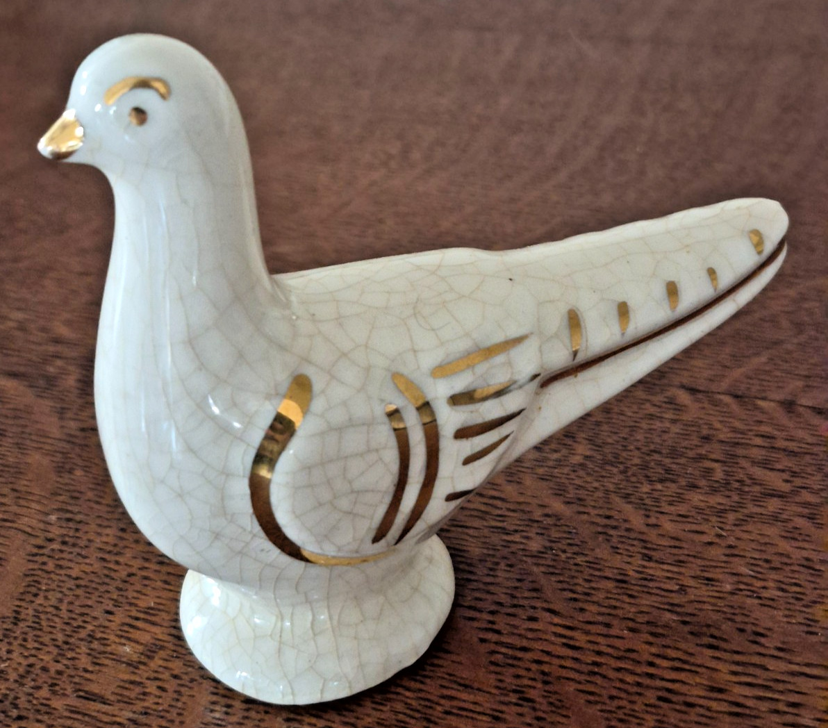 Vintage Ceramic Dove Figurine with Gold Trim – Crackle Glaze – Mid‑Century 1940s