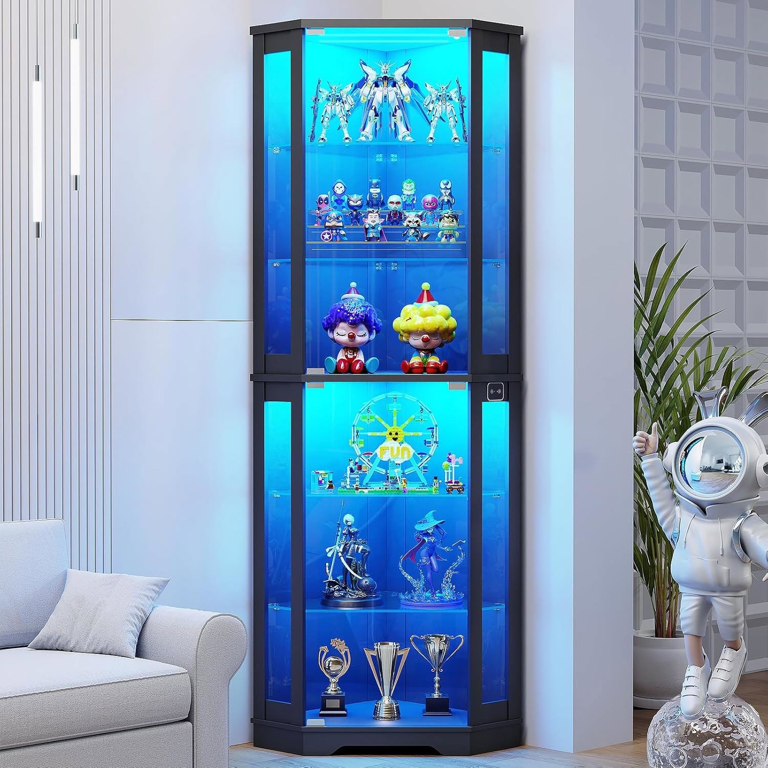 6-Tier Corner Display Case Curio Cabinet with Glass Shelves & 3-Color LED Lights