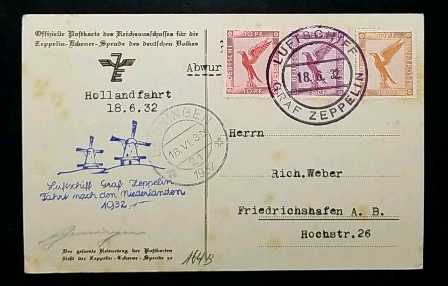 1932 LZ-127 Graf Zeppelin Holland Flight On-Board Cancel Germany Z/E Postcard 1932 LZ-127 Graf Zeppelin Holland Flight On-Board Cancel Germany Z/E Postcard