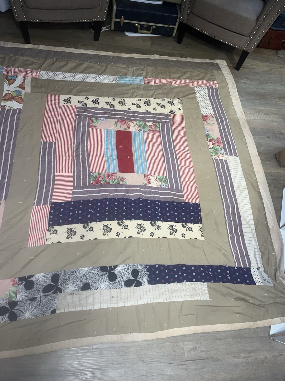 Vintage Handmade Feed Sack Quilt 79x72 Hand Tied Patchwork Twin Bed Folk Art