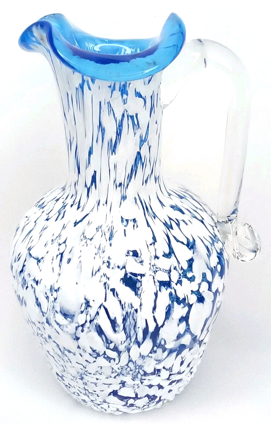Vintage 1960s Pilgrim Hand Blown Blue & White Spatter Glass Pitcher Made In USA
