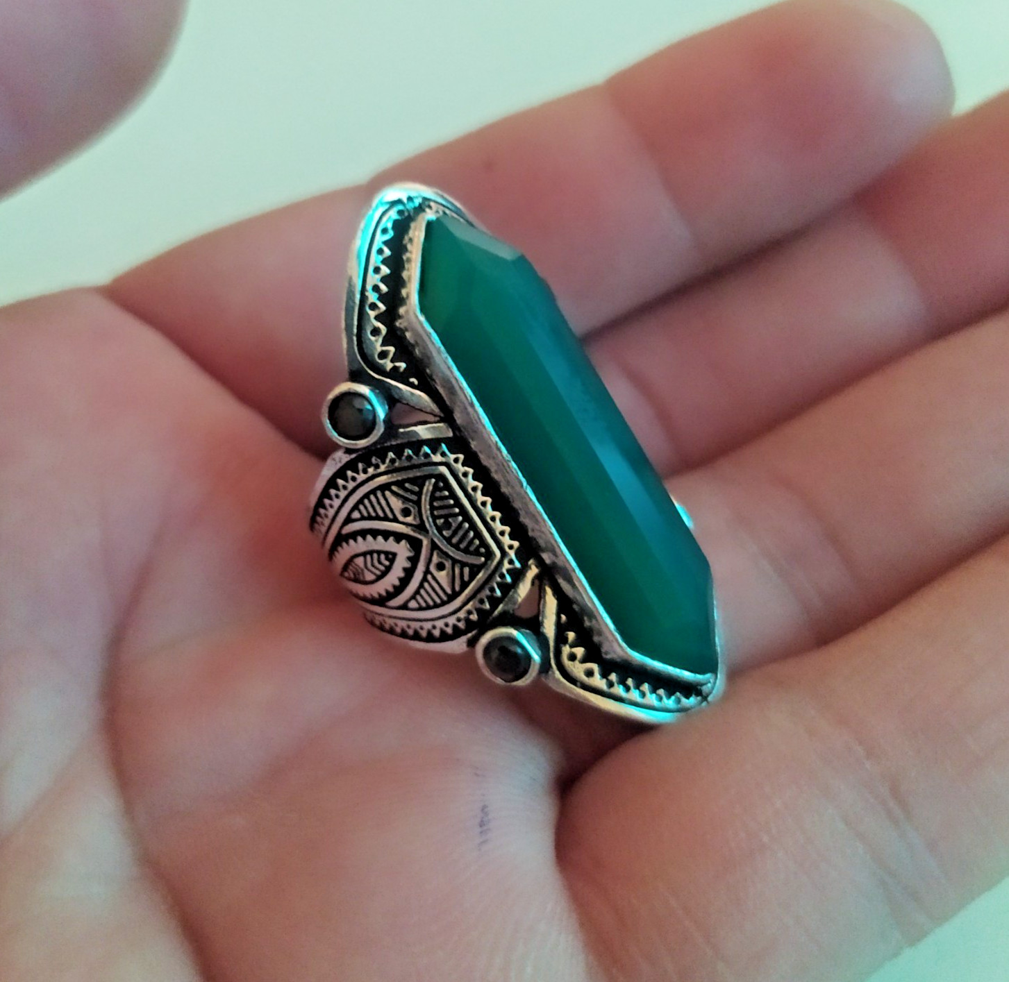 Ancient Victorian Sterling Silver Ring Vintage Green Jade Engraved Stone Size 9 Ancient Victorian Sterling Silver Ring Vintage Green Jade Engraved Stone Size 9