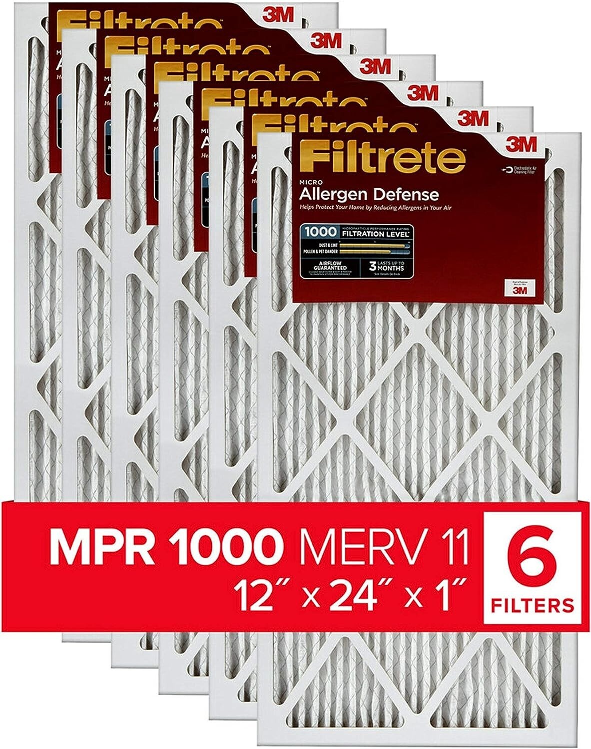 Filtrete 12x24x1 Air Filter MPR 1000 MERV 11, Allergen Defense, 6-Pack