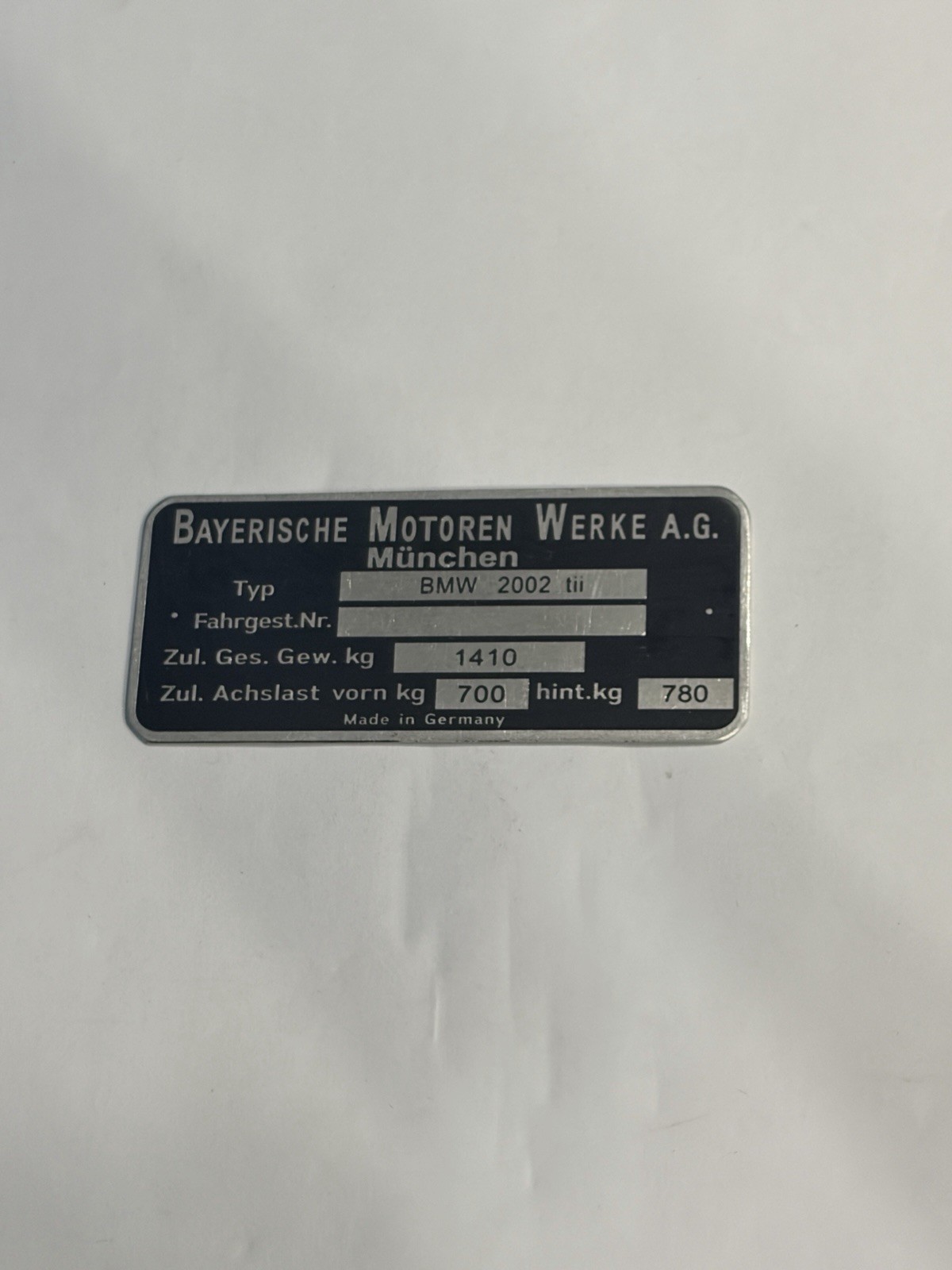 Data Plate BMW 2002 Tii Schild Plate ID Tag E10 BJ Data Plate BMW 2002 Tii Schild Plate ID Tag E10 BJ