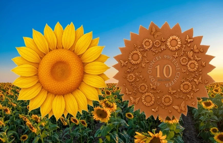 10oz Copper .999 Sunflower Custom Shaped In Capsule Limited Mintage 2500 INSTOCK 10oz Copper .999 Sunflower Custom Shaped In Capsule Limited Mintage 2500 INSTOCK
